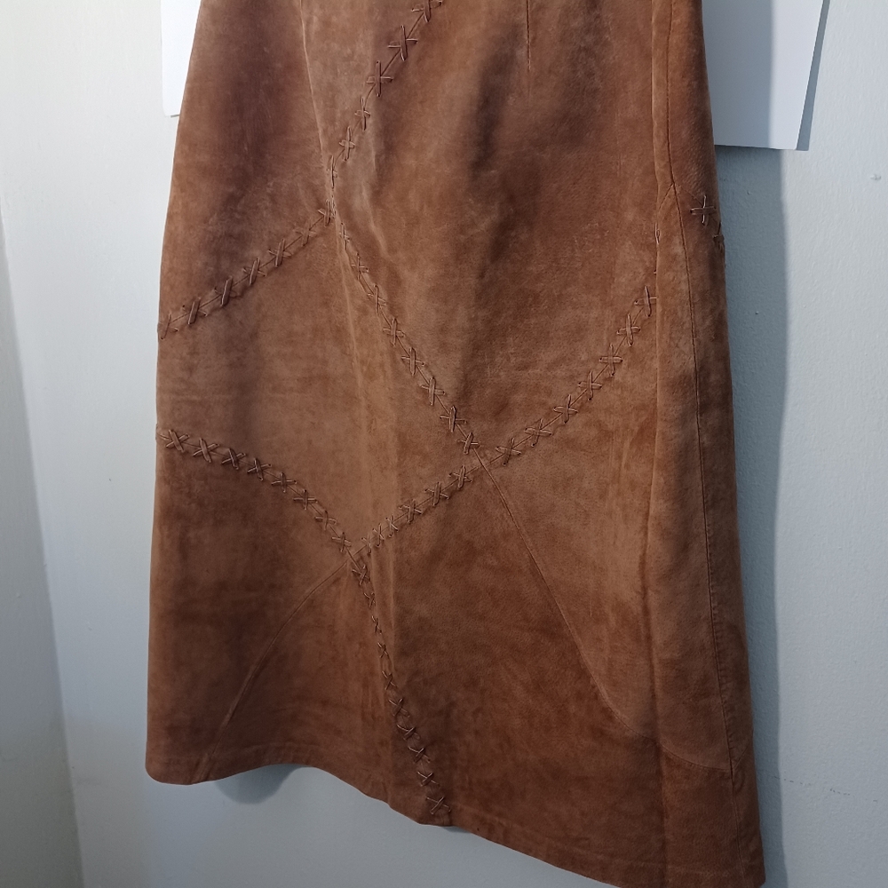 Vintage Faded Glory Brown Suede Midi Skirt With X Design Zip-Up Closure Side 12 - Picture 5 of 11